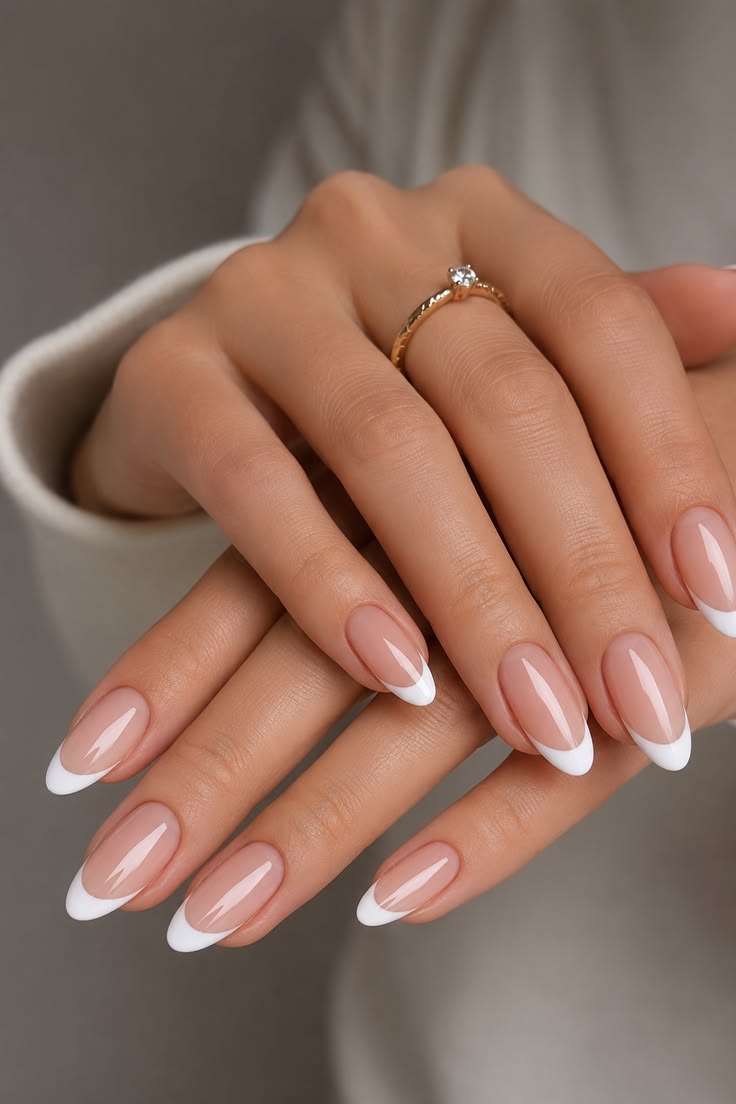 Soft nude almond nails with crisp white French tips, paired 