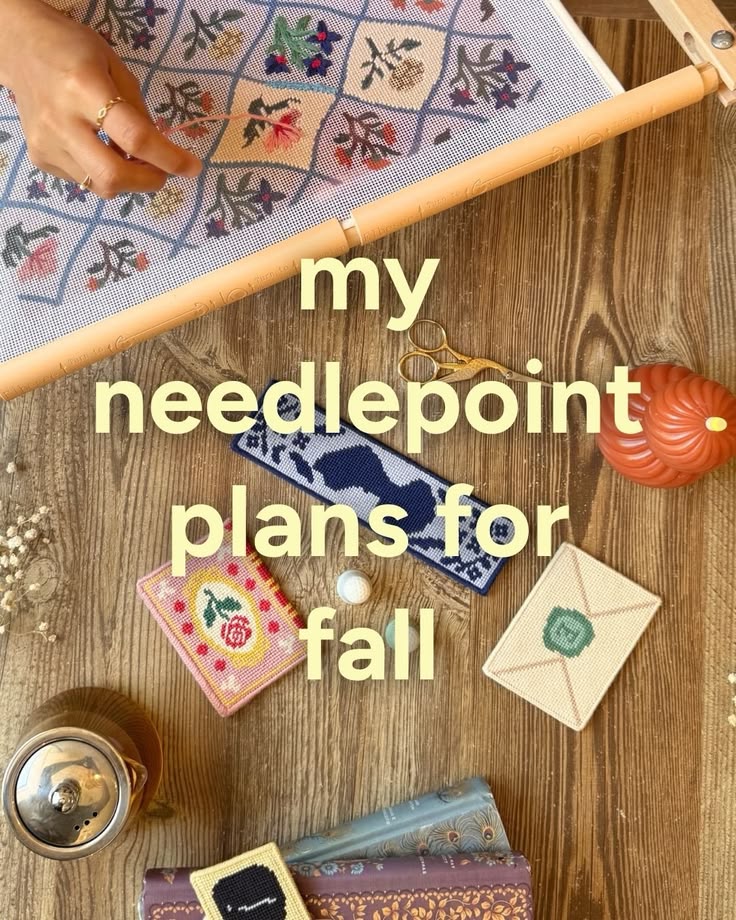 A collection of cozy autumn-inspired needlepoint designs, pe