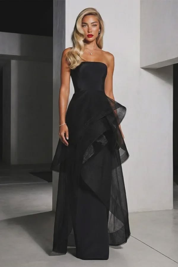 Lisliy Fashion Tulle Black Sleeveless Floor Length Prom Dres