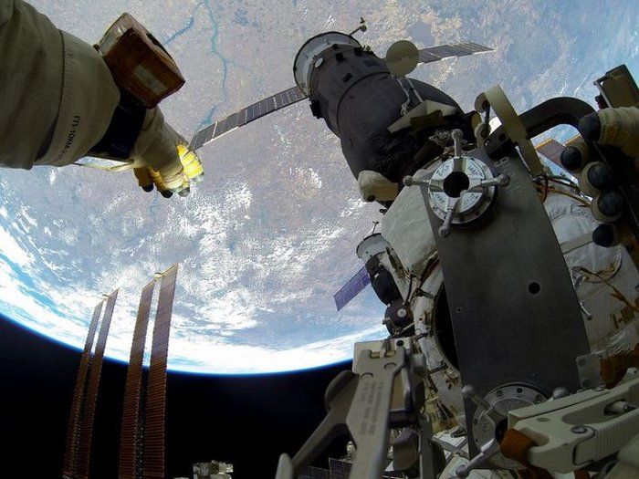 View from the helmet camera of cosmonaut Oleg Artemyev durin