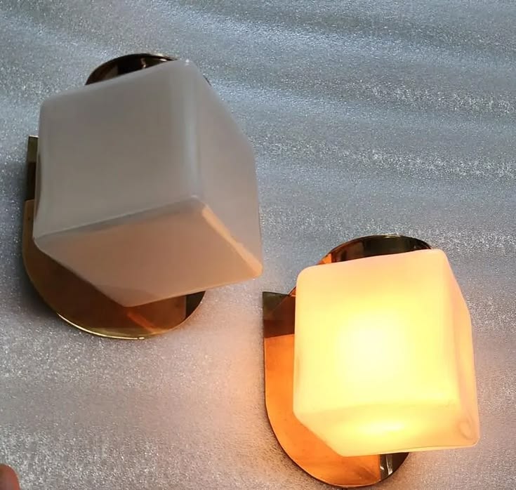 Set of 2 Modern Home Décor Brass & Cube Milk Glass Wall Scon