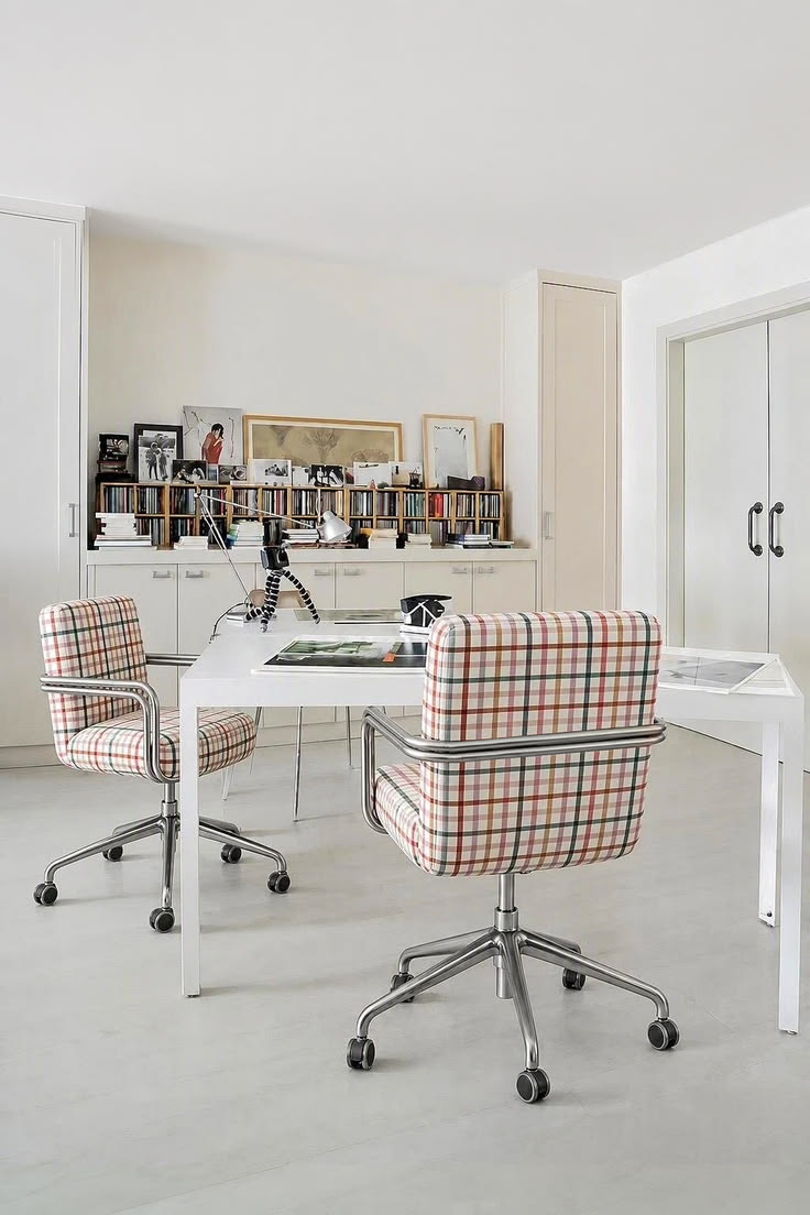 Vintage cream plaid upholstered task chair with polished chr