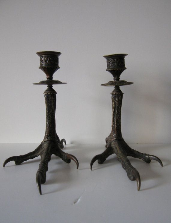 pair of antique bronze talons - bird feet - candle holders b