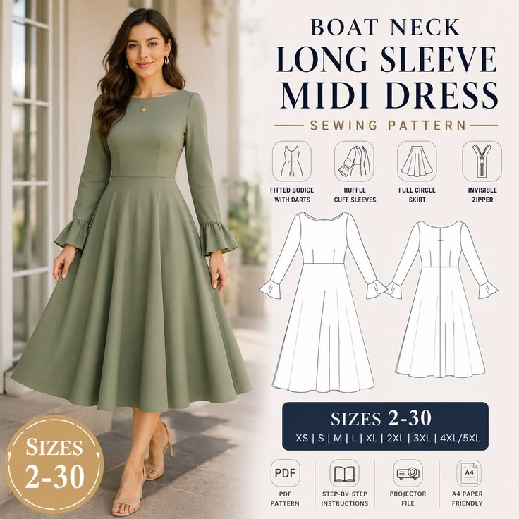 Boat Neck Long Sleeve Midi Dress Sewing Pattern, Circle Skir