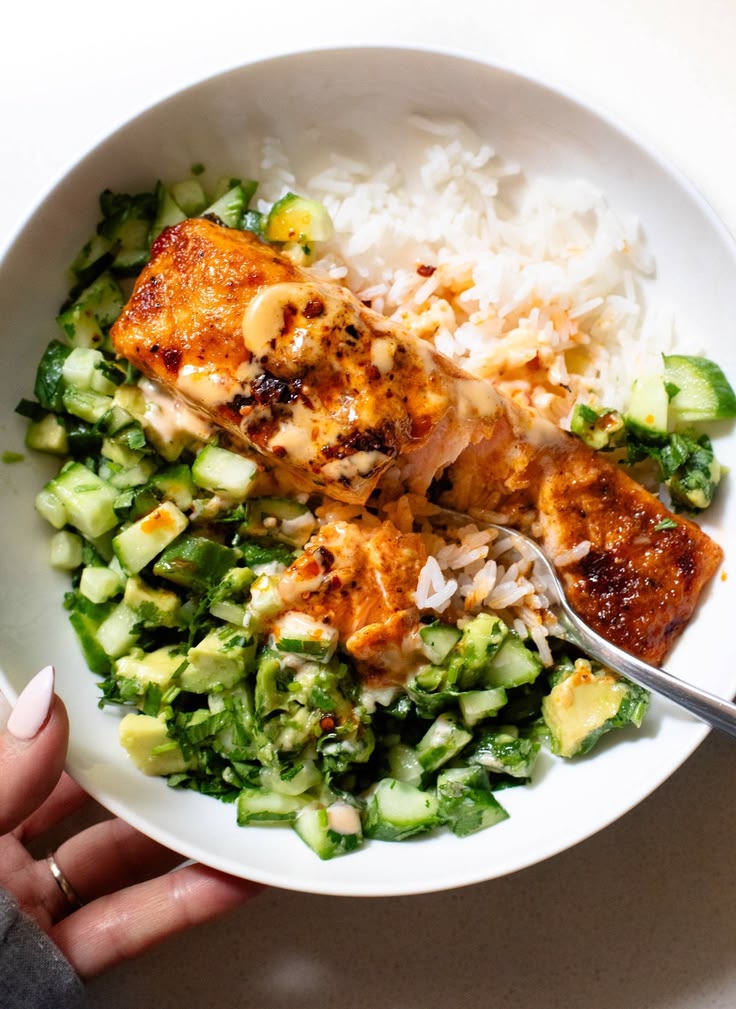 Bang Bang Salmon! Creamy, sweet, savory, and punchy. Served 