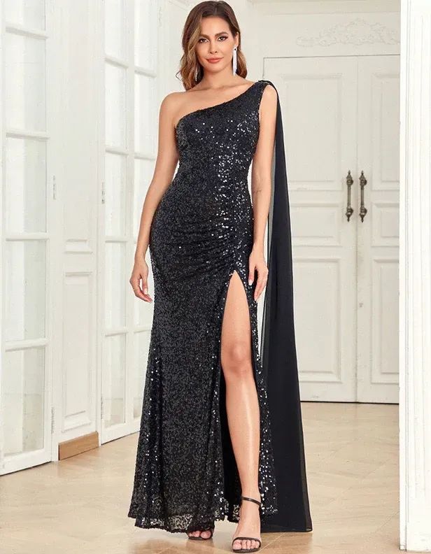 Solid-color One-Shoulder Slits Zipper Splicing Chiffon Eveni