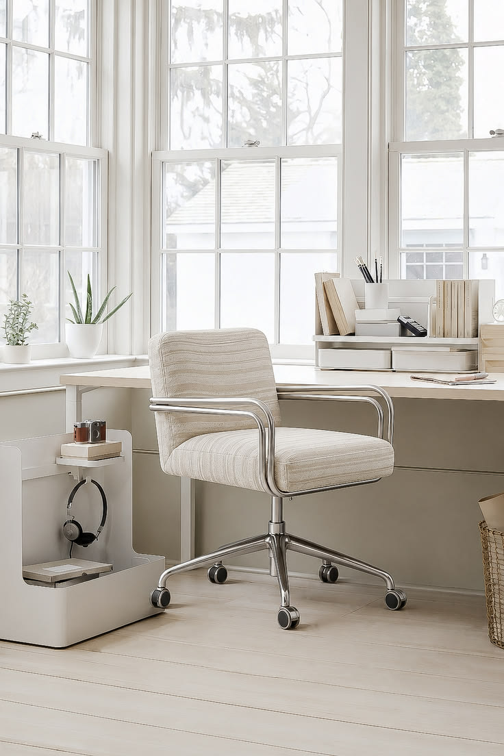 Retro‑style upholstered task chair with polished chrome meta