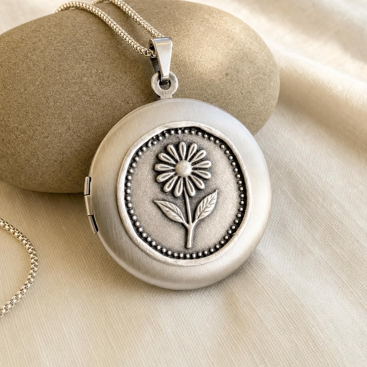 Silver Daisy Locket with photos and engraving, Personalized 