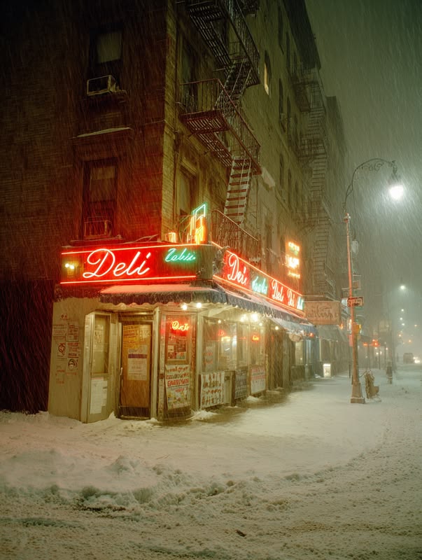 snow falling neon deli signs lower east side neighborhood 19