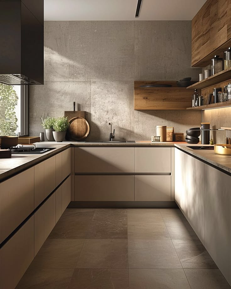 Explore a warm beige kitchen vibe with modern lines, long la