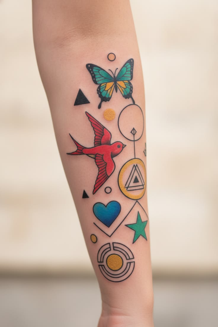 A vibrant patchwork of butterflies, birds, and symbols flows