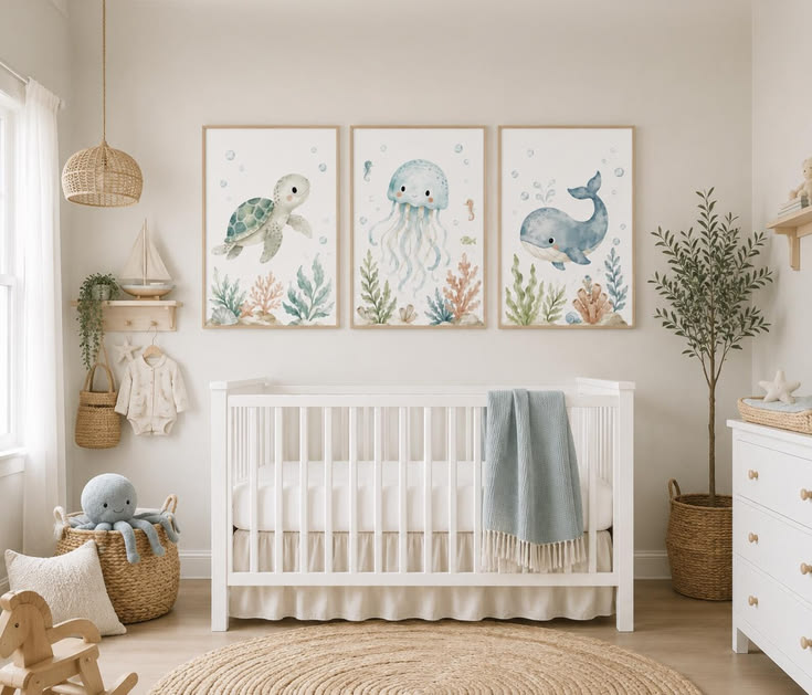 Underwater Nursery Prints, Turtle Whale Jellyfish Wall Art S