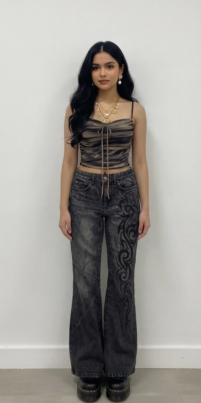 Features a dark marbleized print with horizontal ruched gath