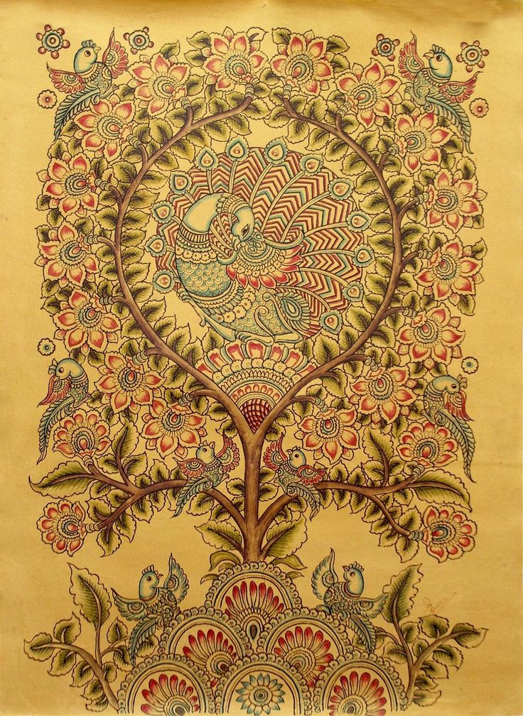 Kalamkari Bamboo Pen Painting Signed Original Folk Art 'Afte