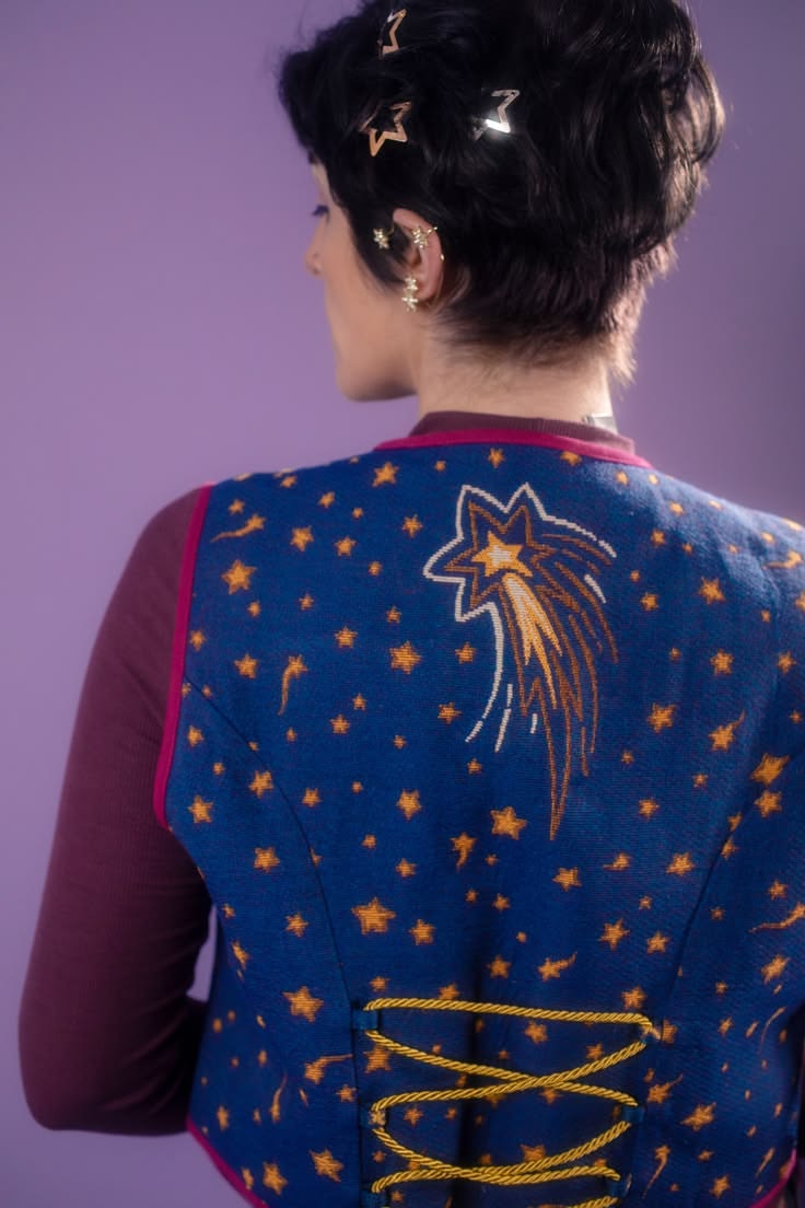 a starry vest designed for whimsical outfit ideas only :)