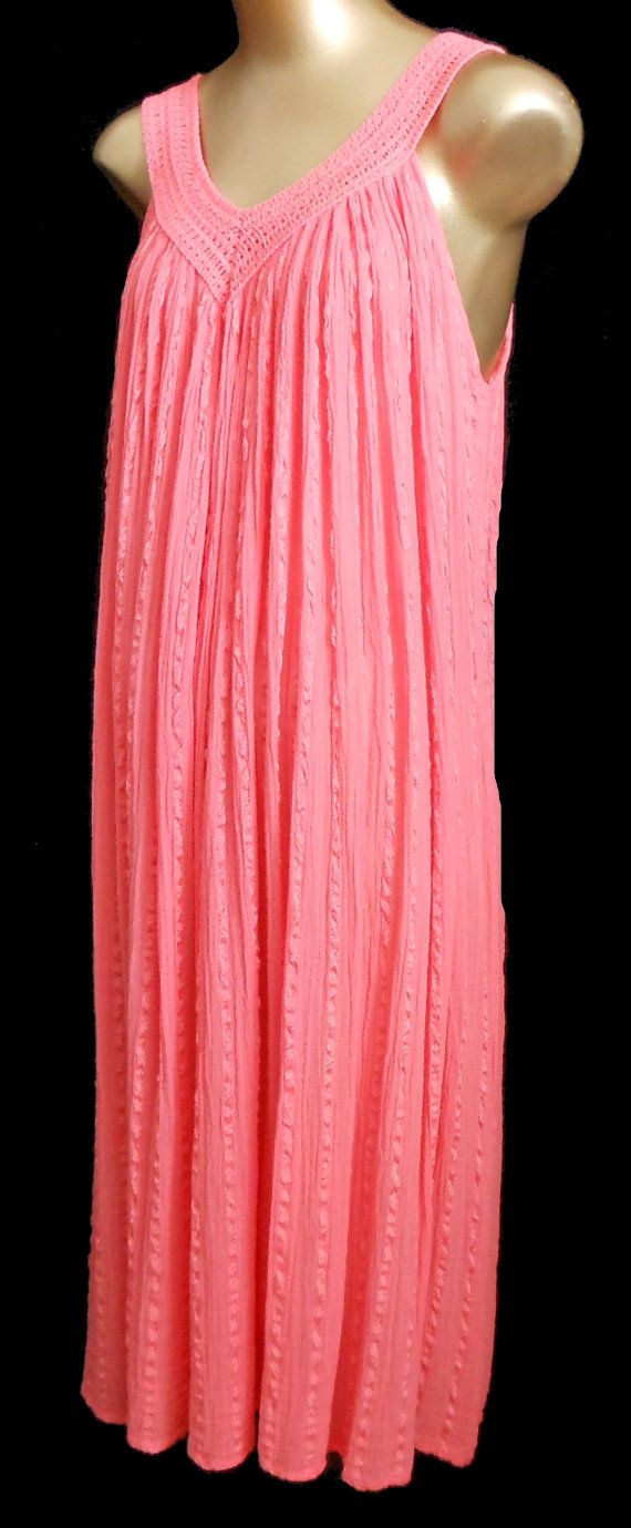 Vintage 70s 1970s Coral Cotton Gauze Goddess Dress with Croc