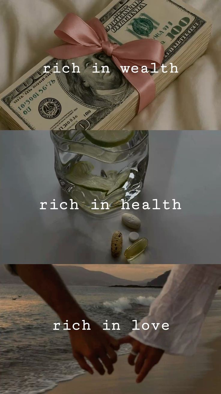 An aesthetic abundance collage celebrating wealth, health, a