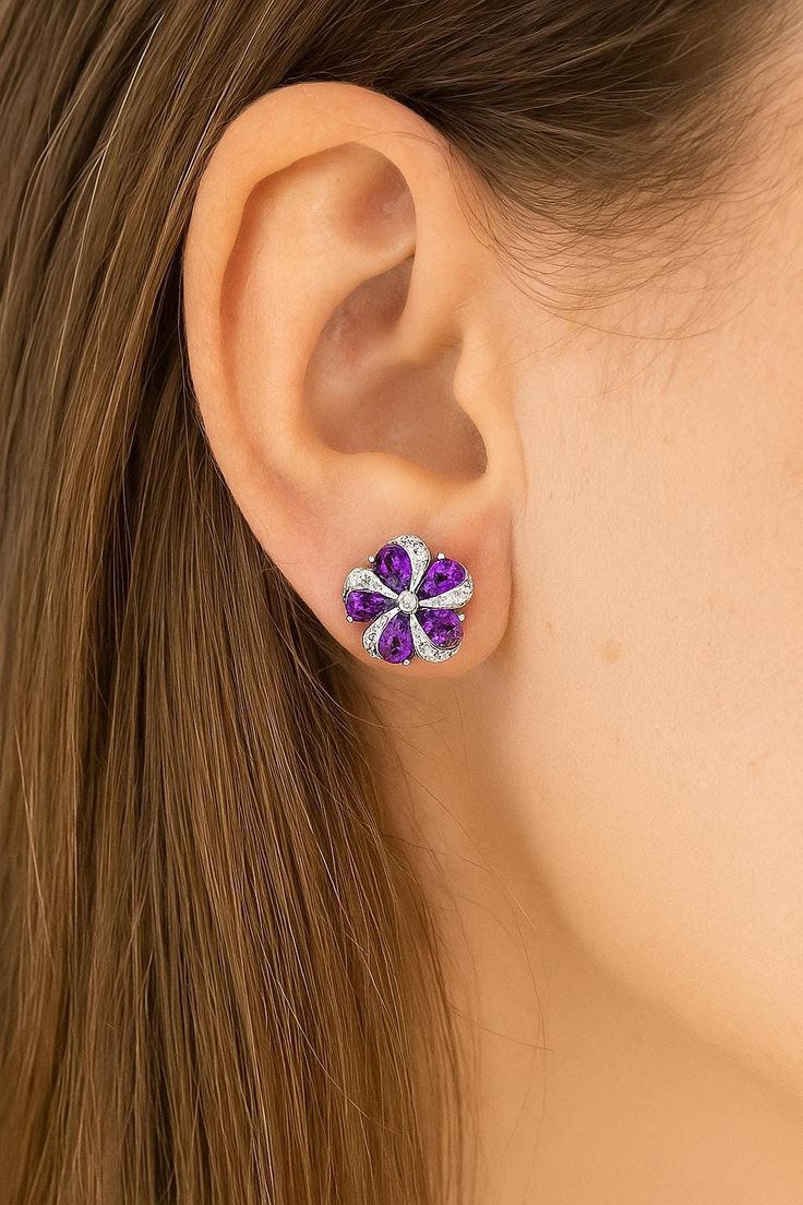 Amethyst Diamond Leverback Stud Earrings 14kt White Gold : F