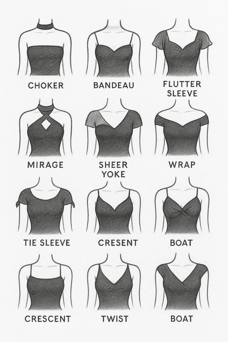Hand-sketched chart showing neckline styles like notch, curv