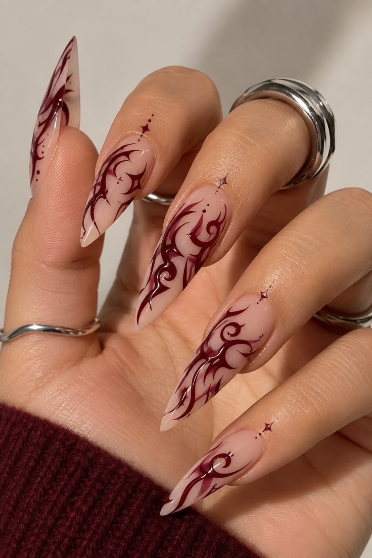Burgundy Tribal Stiletto Nails | Elegant Gothic Nail Art Ele