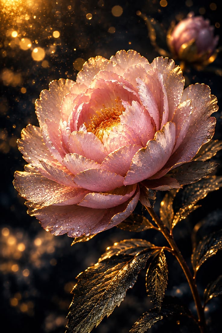 A delicate blush-pink peony glowing under warm golden light,
