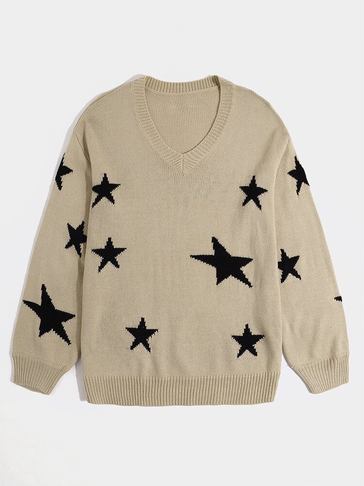 Trendy Star Print V-neck Knitted Long Sleeve Casual Sweater 