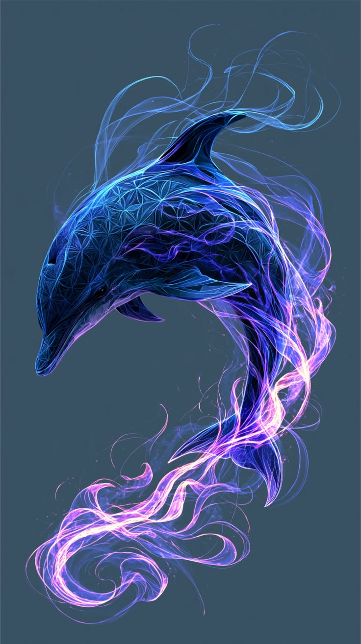 Stunning mystical dolphin wrapped in glowing blue and purple