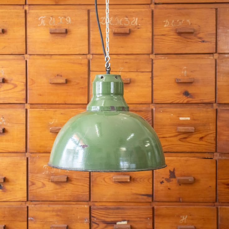 Vintage Bulgarian Green Enamel Factory Pendant Lamp