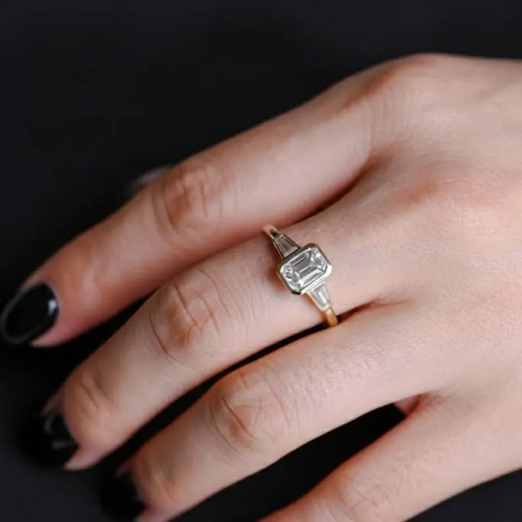 Emerald Cut Bezel Ring, Art Deco Engagement Ring, Baguette S