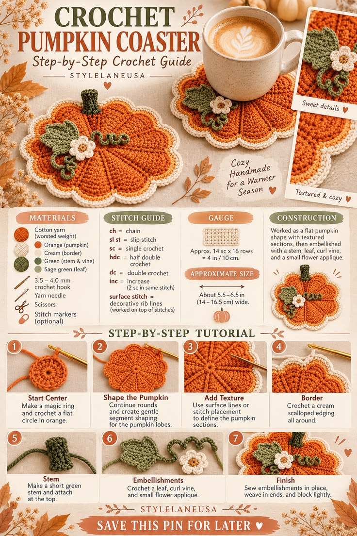 Create a cozy crochet pumpkin coaster with textured orange s