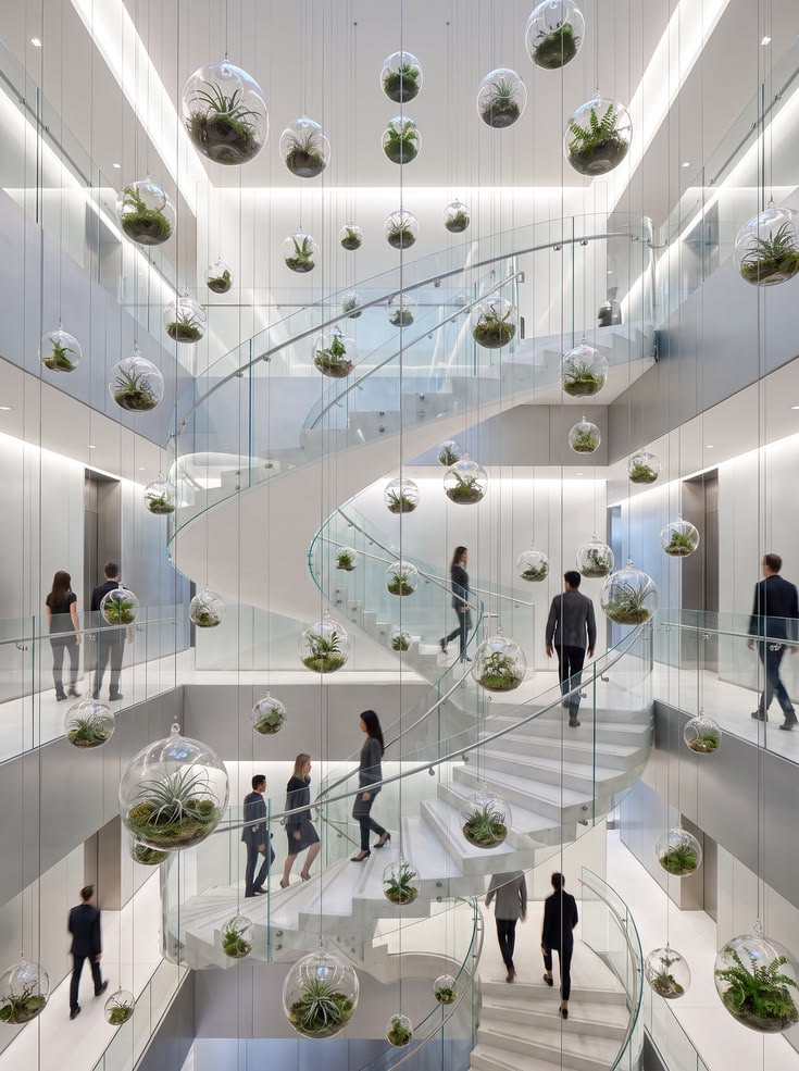 Hundreds of glass bubble terrariums suspended at varying hei