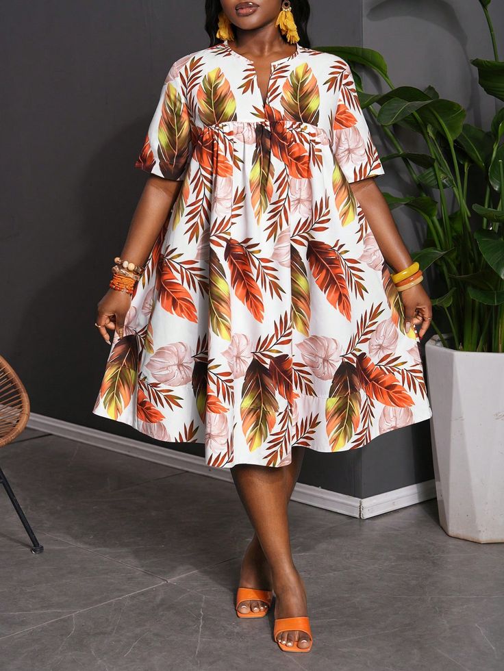 Plus Size Women Loose Plant Print Short Sleeve Notched Neck 