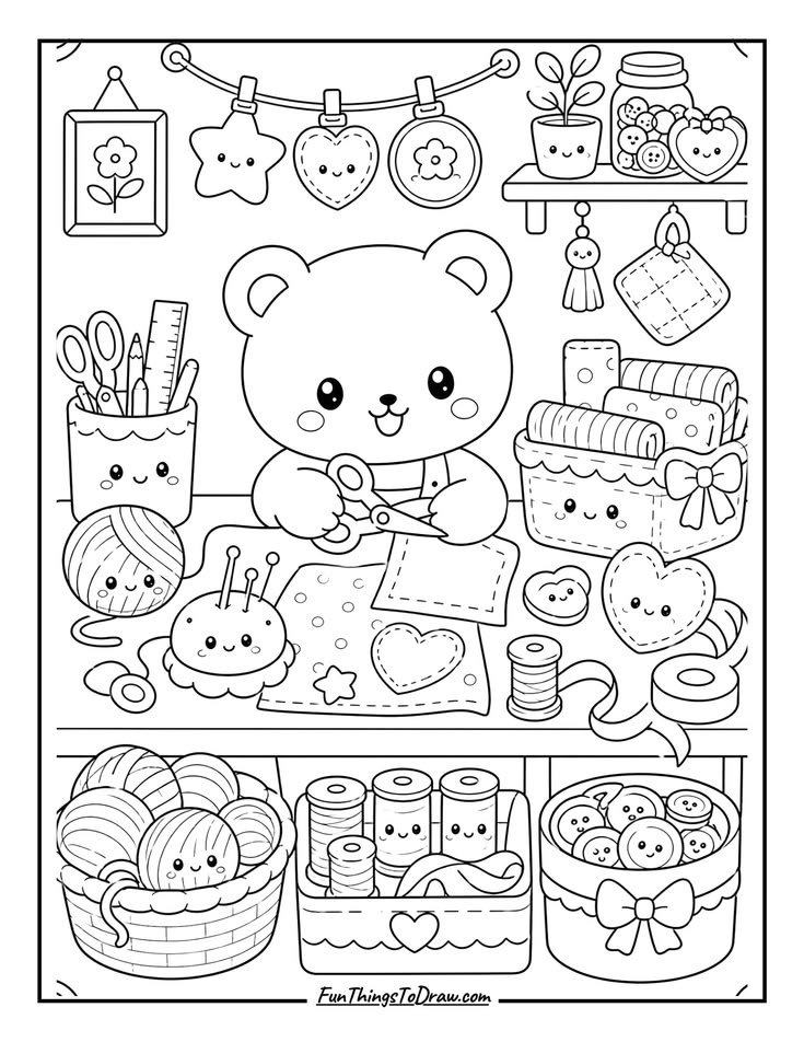 Kawaii Craft Room Coloring Sheet | Aesthetic Coloring Pages 