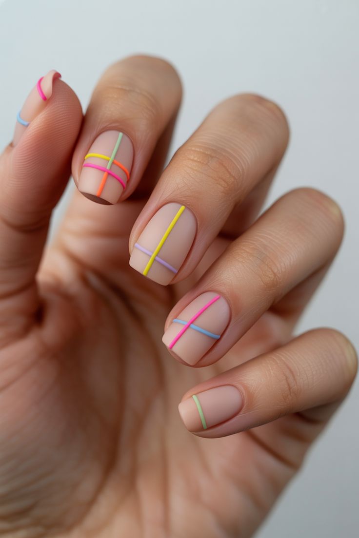 Bright pastel and neon line nail art on a nude matte base – 