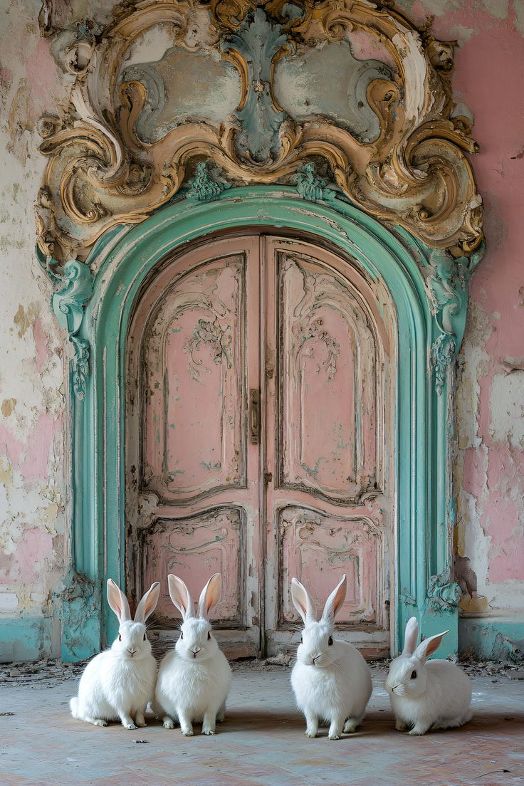 Adorable white rabbits in front of a pastel vintage door, pe