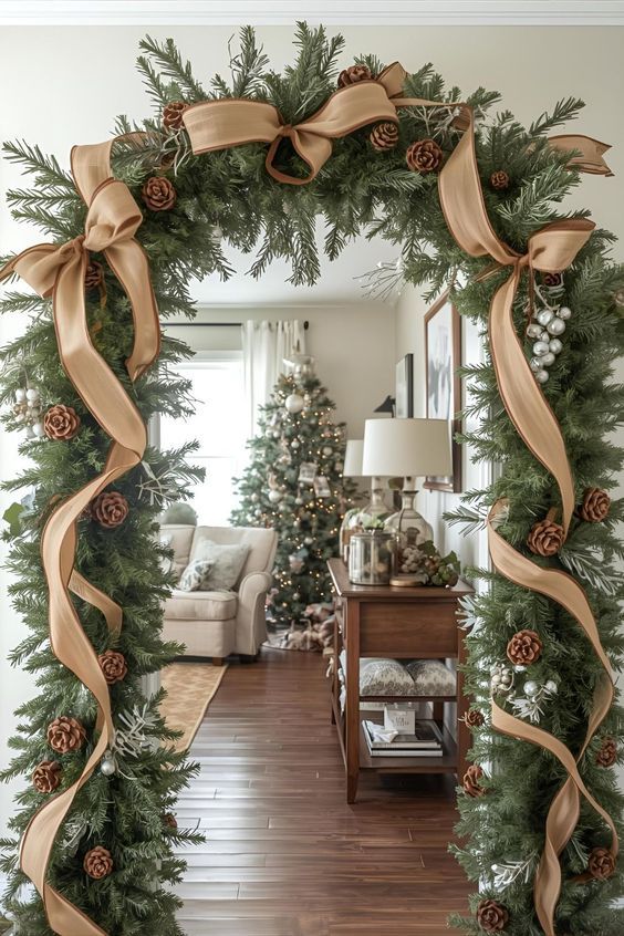 Natural burlap ribbons and pinecones add country warmth to t