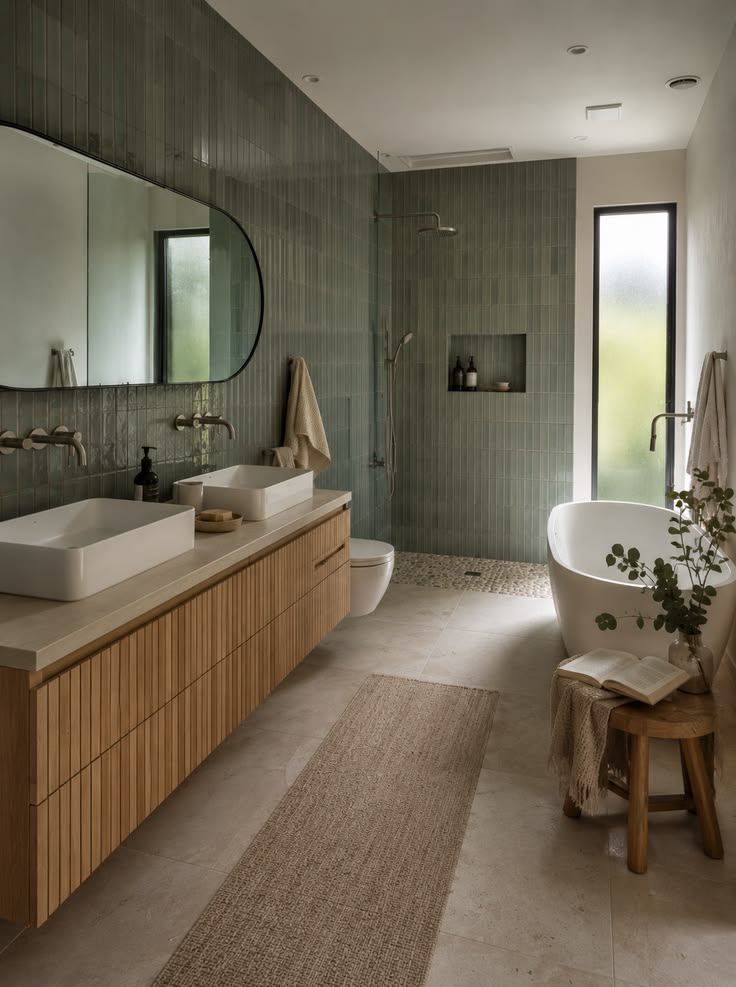 A serene modern bathroom featuring muted eucalyptus tiles, n