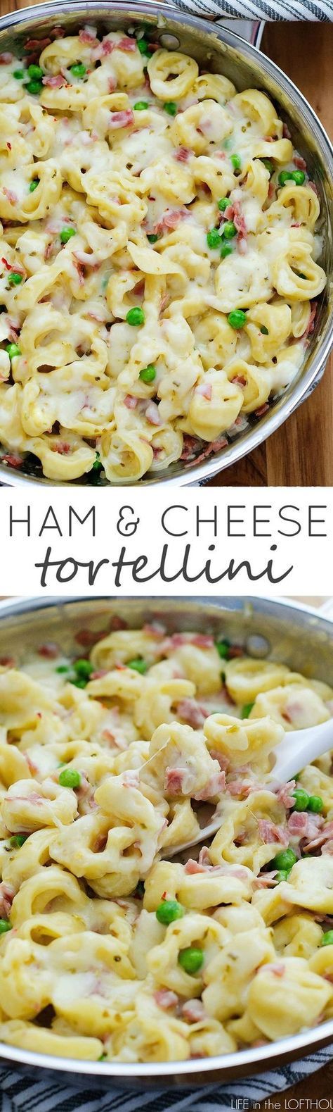 Cheesy tortellini with ham and peas. This will become a fami