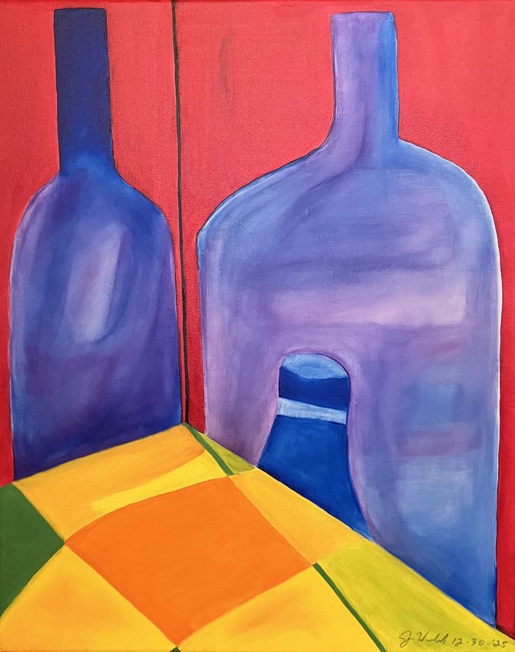 An oil painting of shadows cast on a table and two walls in 