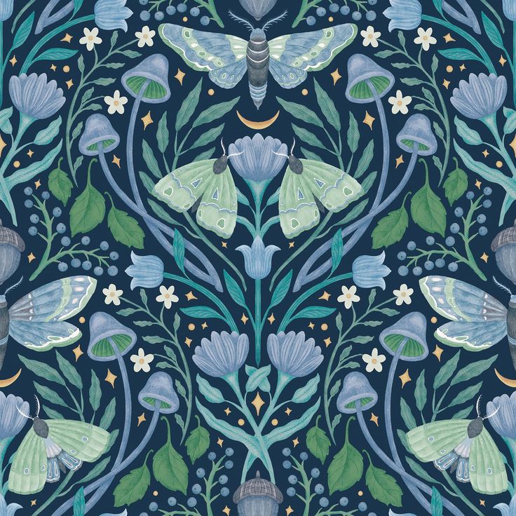 Blue woodland damask print featuring moths and mushrooms Pee
