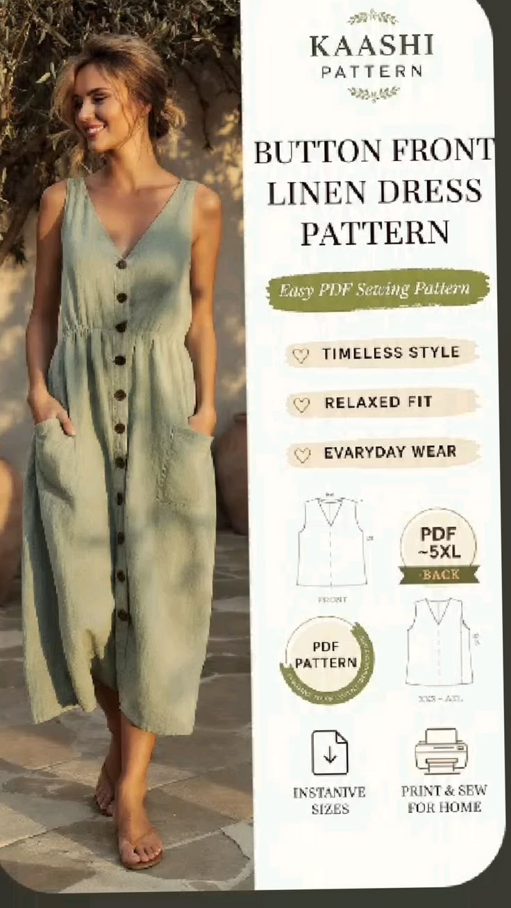 Button Front Linen Dress Pattern PDF | Easy Sleeveless Maxi 