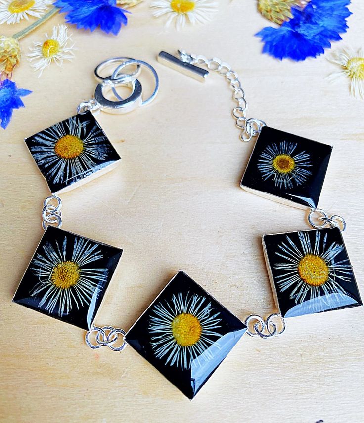 Real flower bracelet for women, Summer resin jewellery, Boho