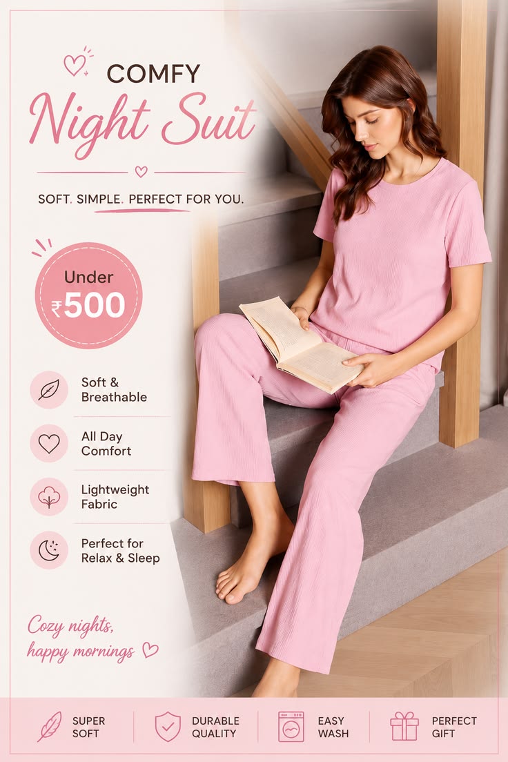 Cute pink night suit for a cozy and comfortable look 💕 Perfe