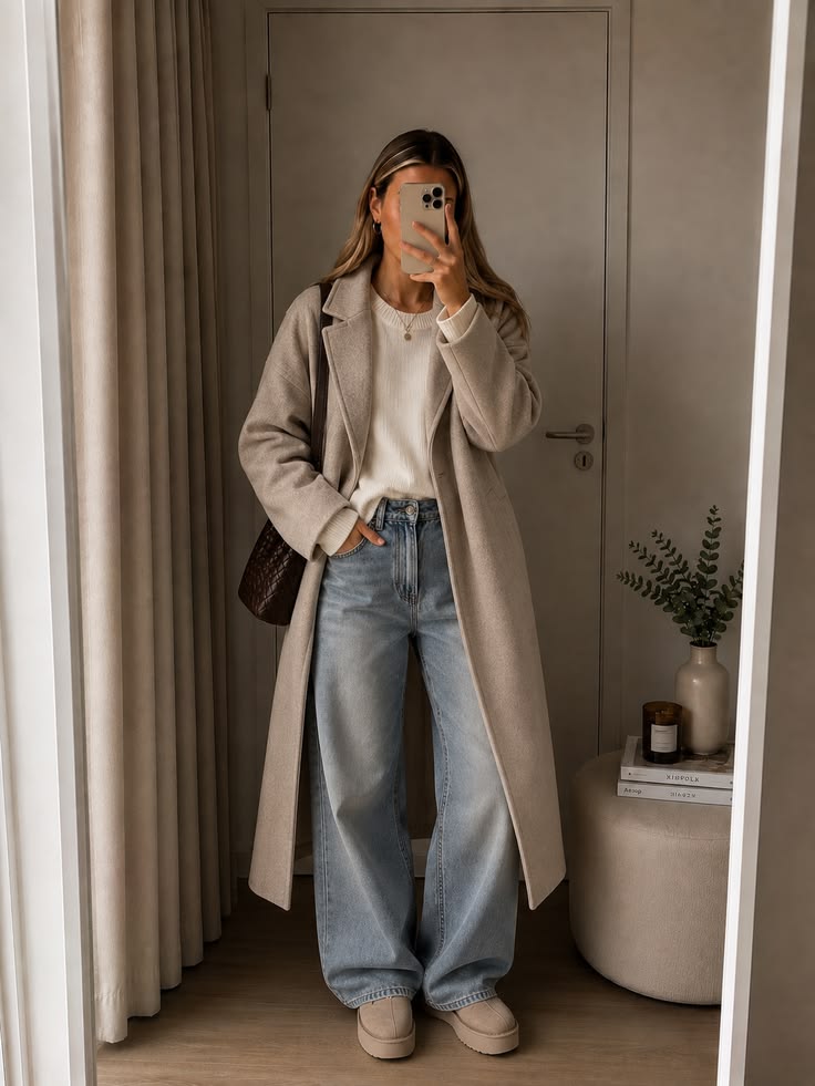 A timeless winter outfit featuring a long beige coat, cozy g