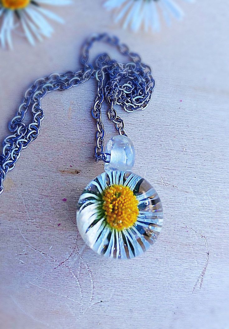 Sphere Daisy necklace, Handmade real flower jewelry, Unique 