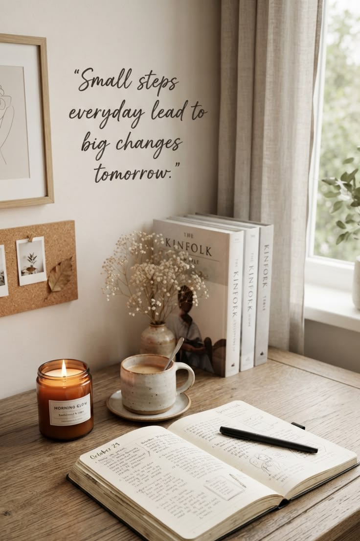 Calm wooden desk with open journal, lit candle, coffee, Kinf