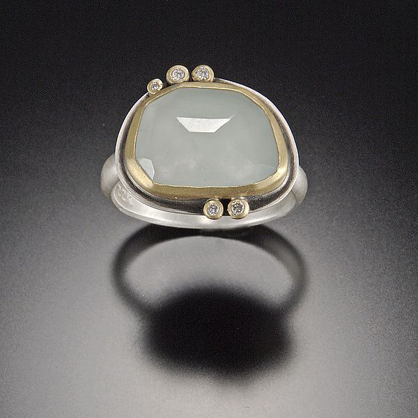 Rose Cut Aquamarine Ring with Five Diamond Dots by Ananda Kh