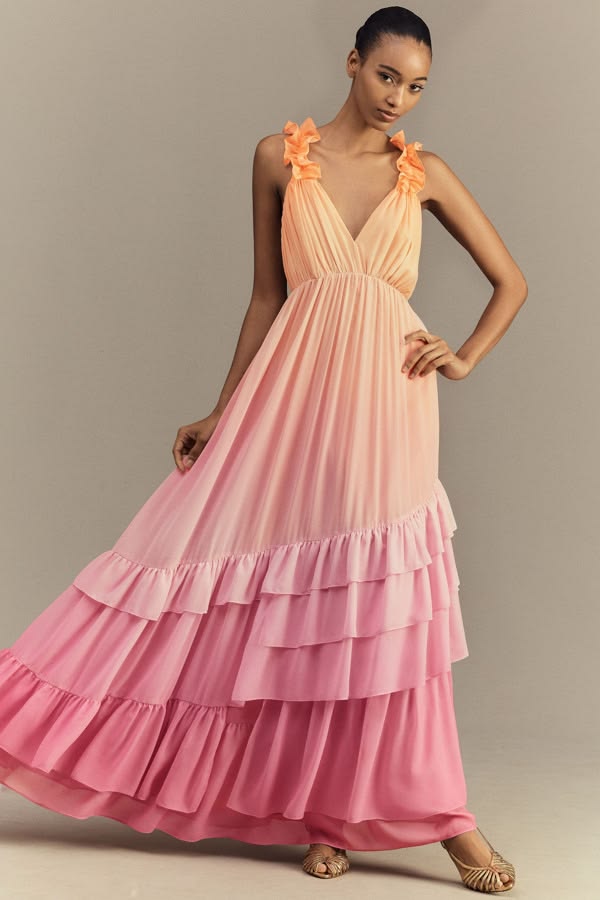 Alivia V-Neck Ruffle Ombre Maxi Dress | Nuuly