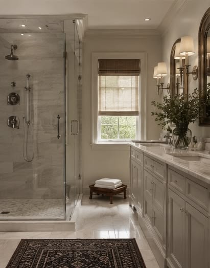 This luxurious cream marble bathroom showcases timeless eleg