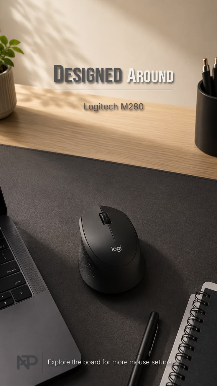 Logitech M280 wireless mouse styled in a clean modern desk s